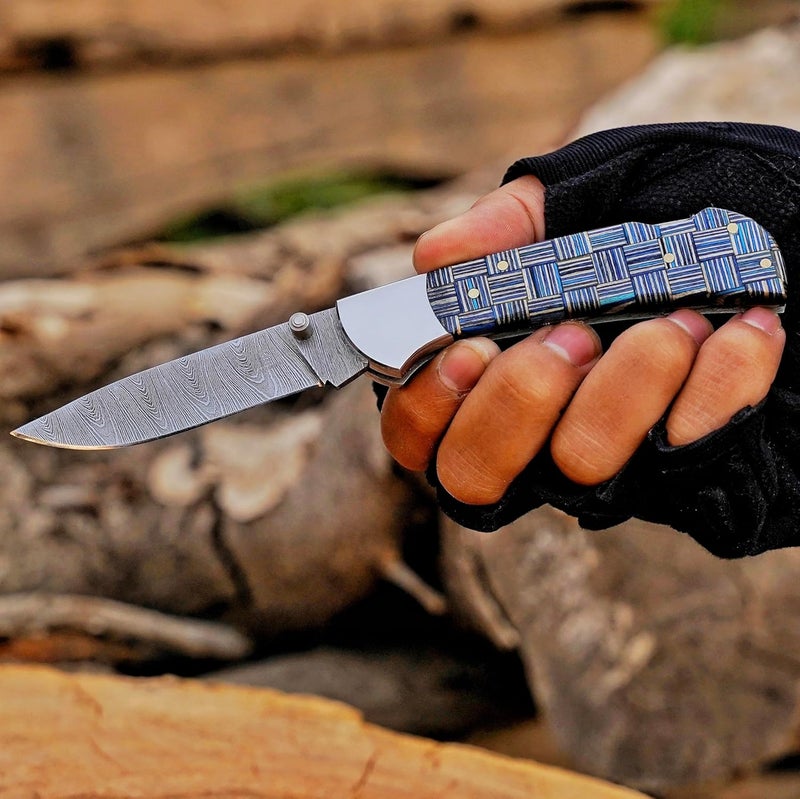 BE BREAK EDGE Damascus Steel Folding EDC Knife with Blue Geometric Pattern Handle, Handcrafted Steel, Tactical Outdoor, use in Camping Hunting and Crafting, Best Gift for Boy Friend. - Image 5